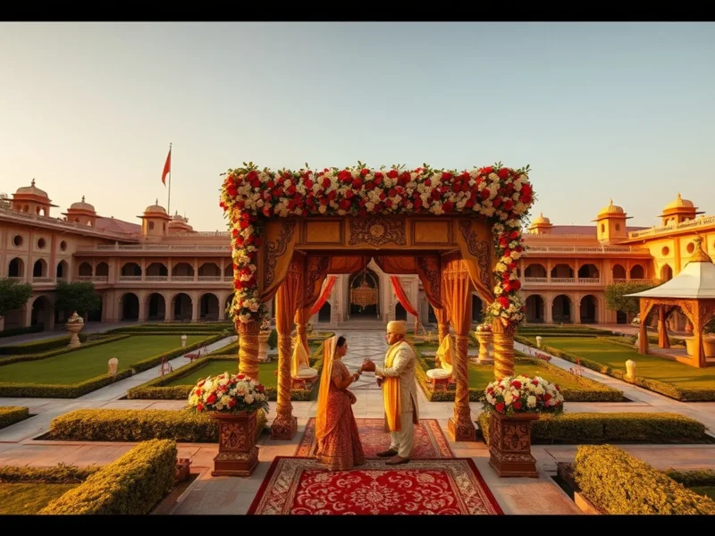 Oberoi Rajvilas Jaipur fort-resort wedding with temple courtyard and gardens