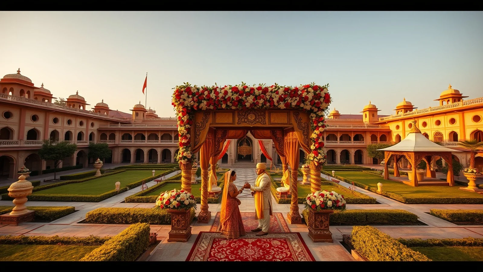 Oberoi Rajvilas Jaipur fort-resort wedding with temple courtyard and gardens