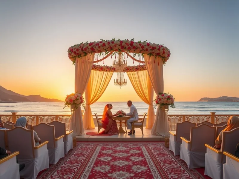 Luxury Indian wedding at a Muscat beach resort in Oman at golden hour