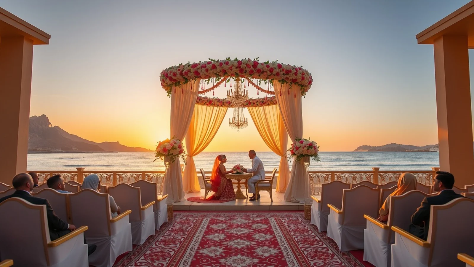 Luxury Indian wedding at a Muscat beach resort in Oman at golden hour