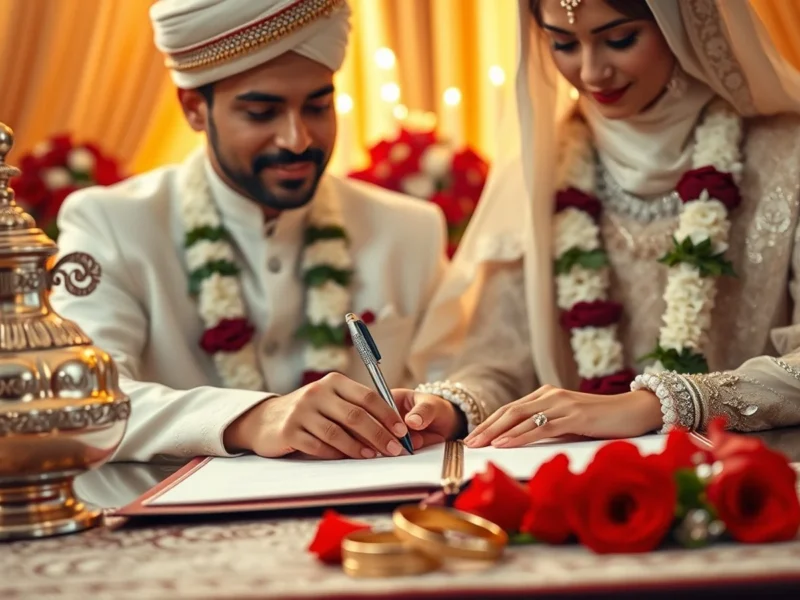 Parsi couple in traditional cream attire signing a register beside a sacred fire urn