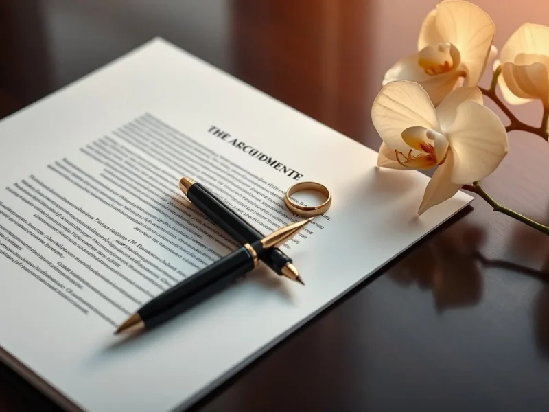Formal legal document with a fountain pen and two gold wedding rings on a polished desk