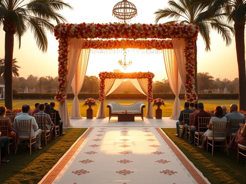 Luxury resort-estate wedding near Pune with lawn floral mandap at golden hour