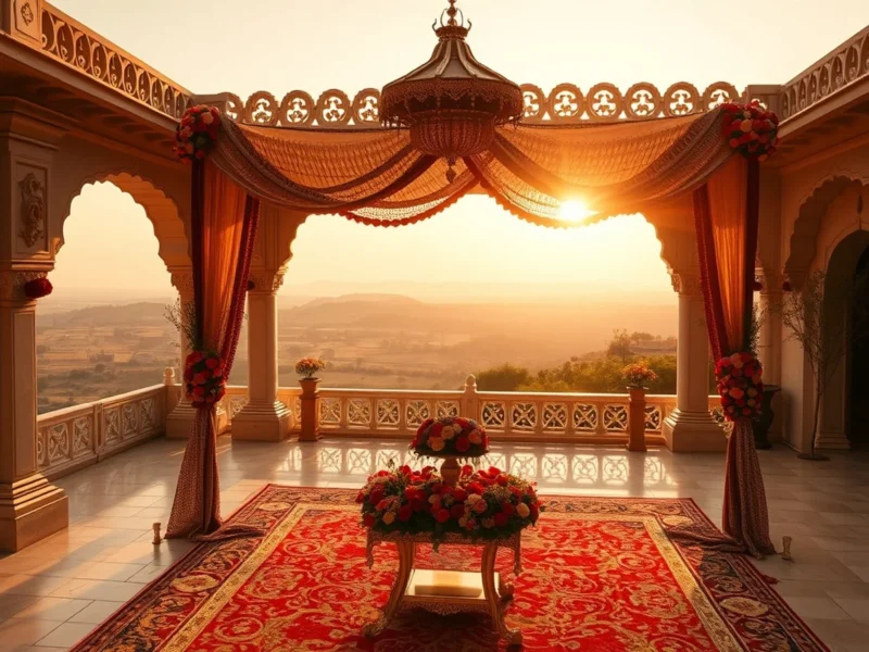 RAAS Devigarh hilltop fort palace wedding courtyard with Aravalli valley views