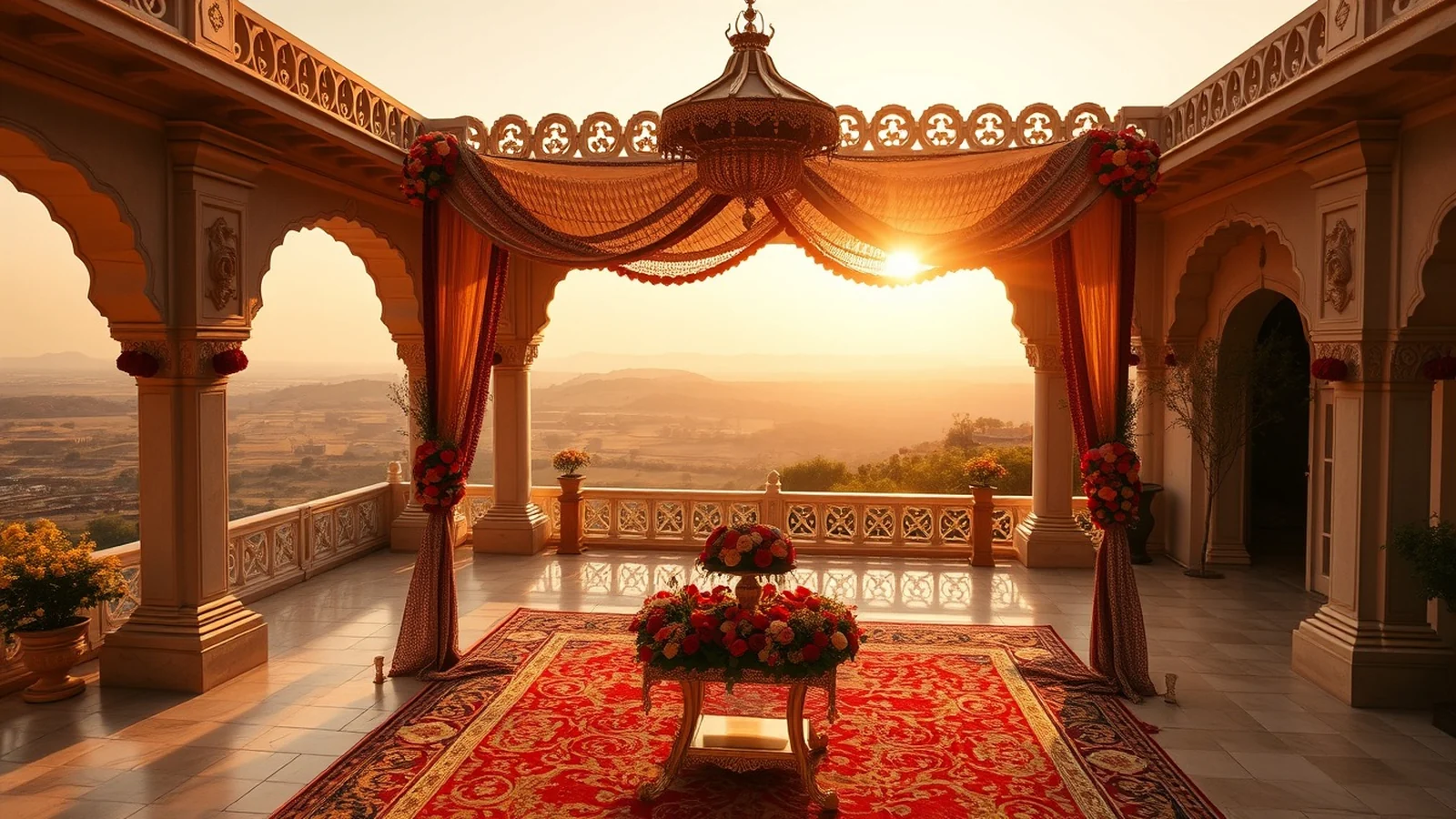RAAS Devigarh hilltop fort palace wedding courtyard with Aravalli valley views