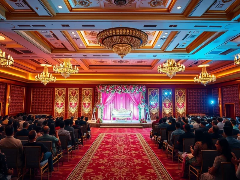 Glamorous Indian wedding reception in the ballroom at The Ritz-Carlton, Bengaluru