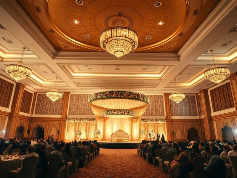 Spectacular large Indian wedding reception in the grand ballroom at Shangri-La Bengaluru
