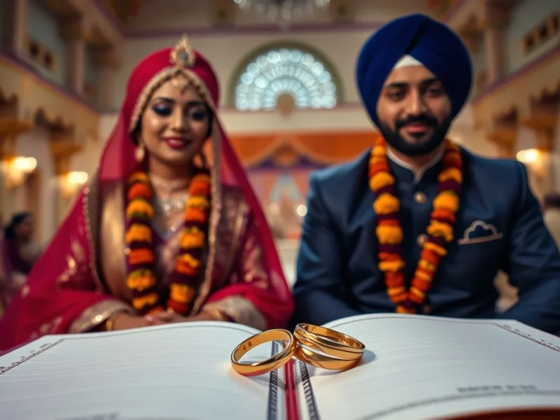 Sikh couple seated for the Anand Karaj inside a gurdwara with gold rings on a register