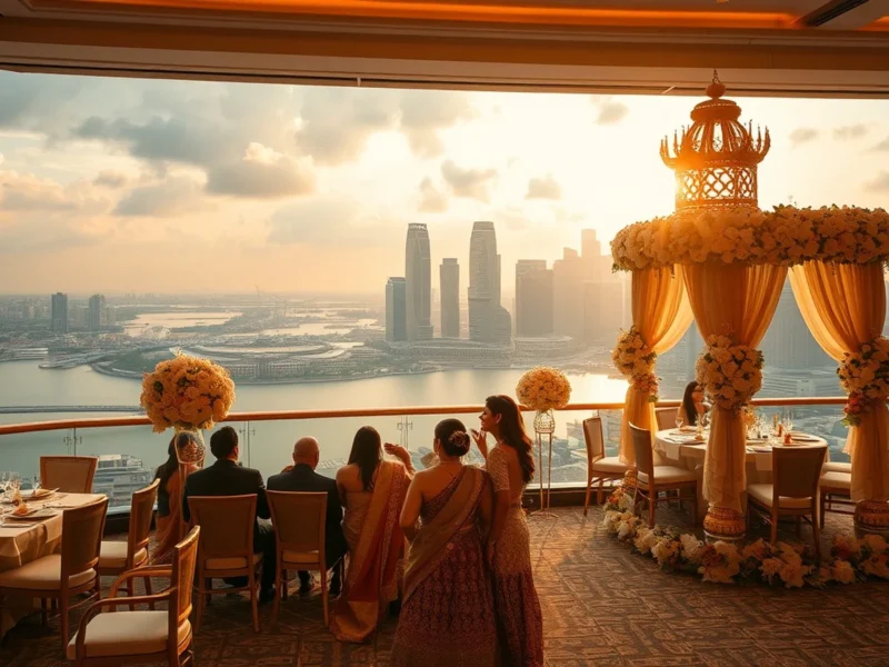 Luxury Indian wedding with the Marina Bay Singapore skyline at golden hour