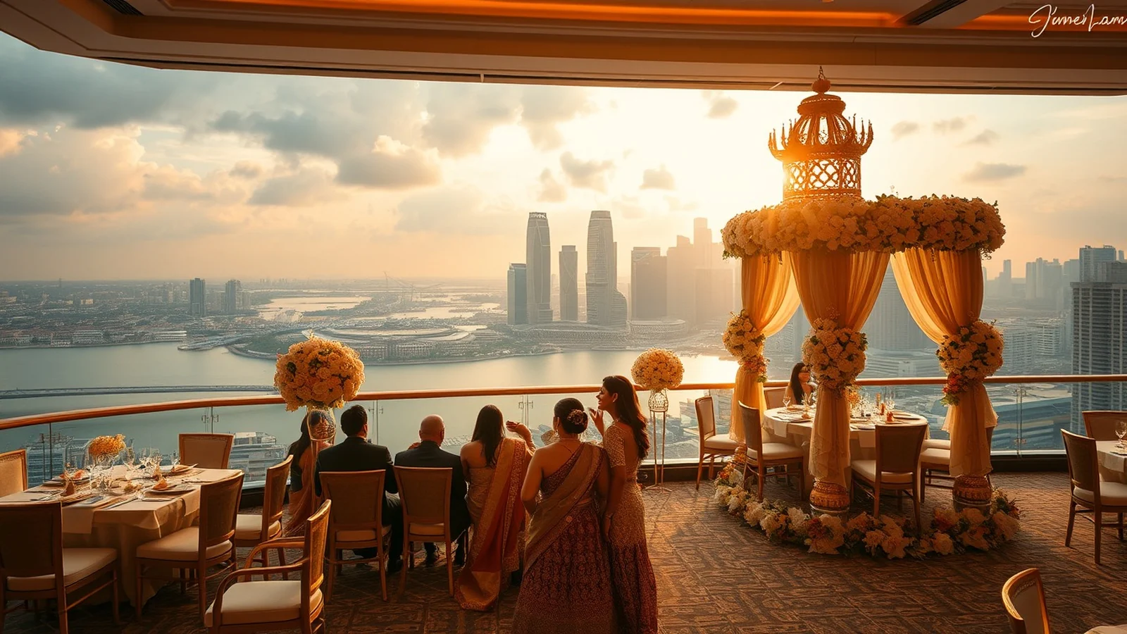 Luxury Indian wedding with the Marina Bay Singapore skyline at golden hour