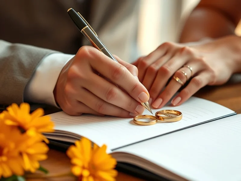 A couple signing the marriage register with wedding rings beside the book