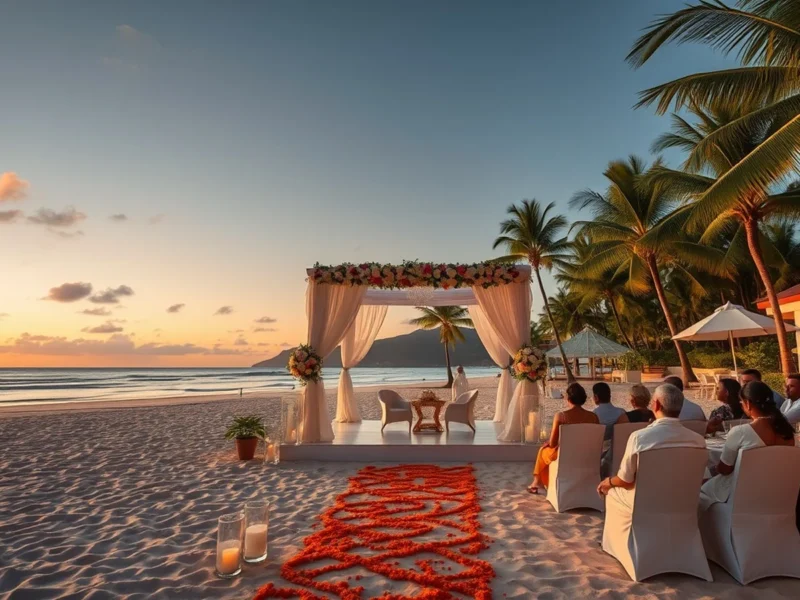 Indian beach wedding at a southern Sri Lanka resort with floral mandap at sunset