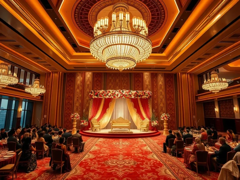 Grand Indian wedding reception in the high-rise ballroom at The St. Regis Mumbai
