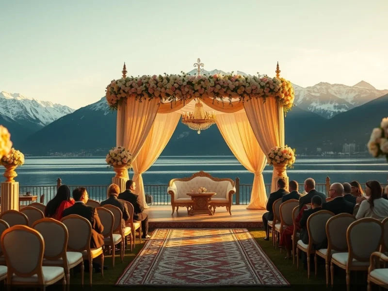 Luxury Indian wedding at an alpine lakeside venue in Switzerland at golden hour