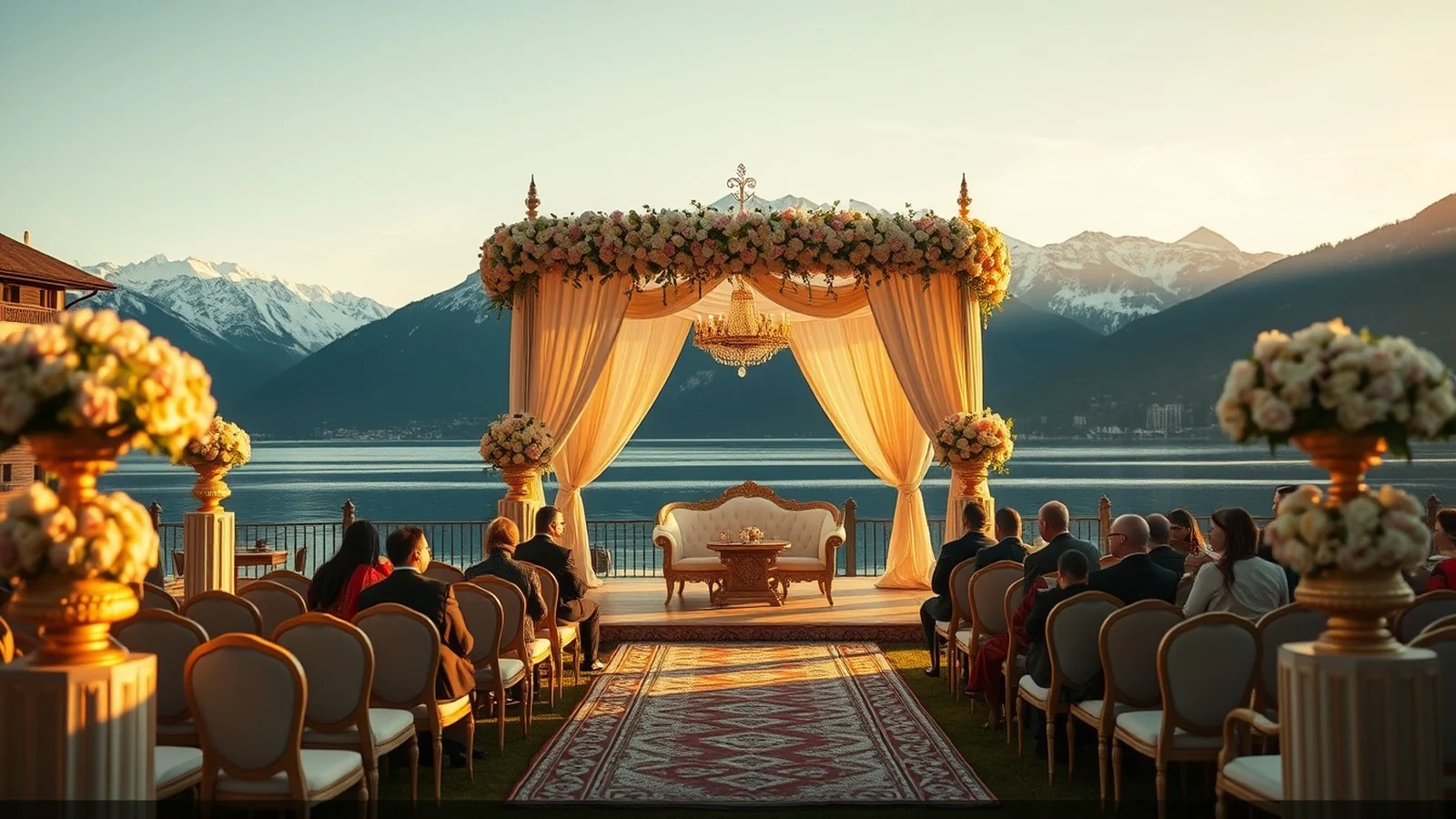 Luxury Indian wedding at an alpine lakeside venue in Switzerland at golden hour