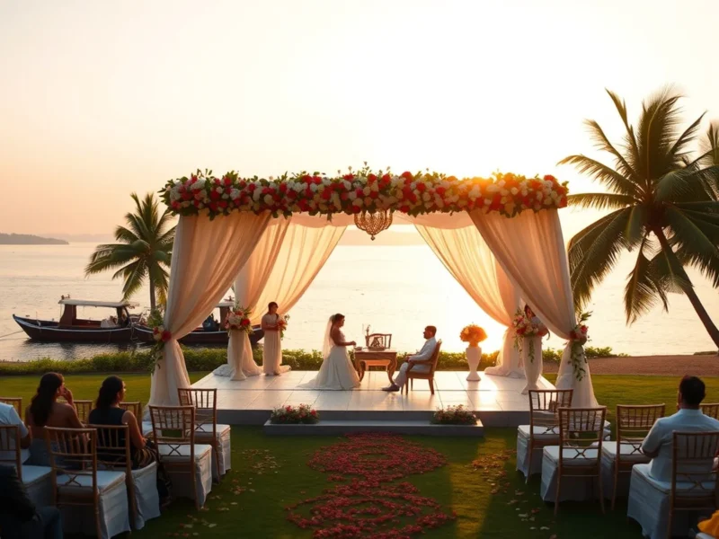 Backwater destination wedding at Taj Bekal Resort in north Kerala at sunset