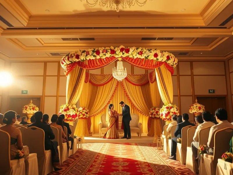 Luxury Indian wedding at Taj Coromandel Chennai banquet hall at golden hour