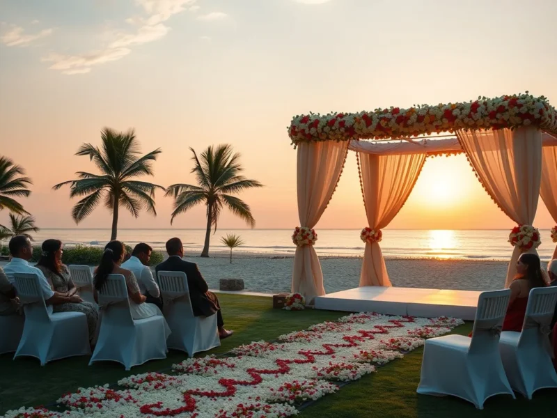 Beach wedding on the seafront lawn at Taj Fisherman's Cove near Chennai at sunset