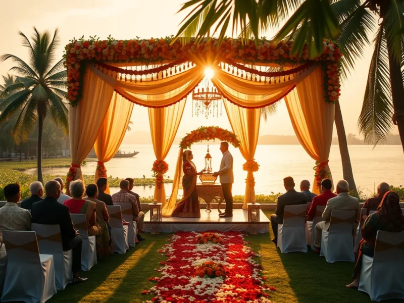 Intimate lakeside wedding on the Vembanad backwaters at Taj Kumarakom Kerala at golden hour