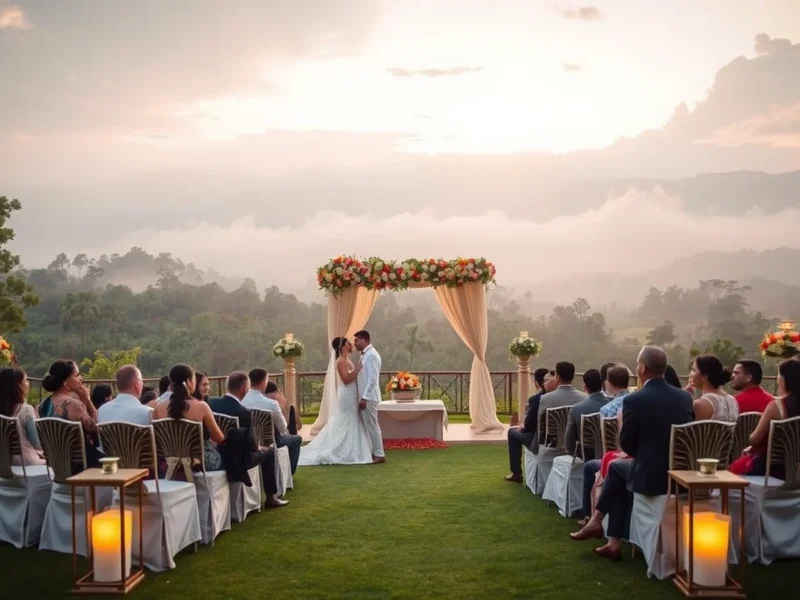 Hill destination wedding on a misty lawn at Taj Madikeri Resort in Coorg at golden hour