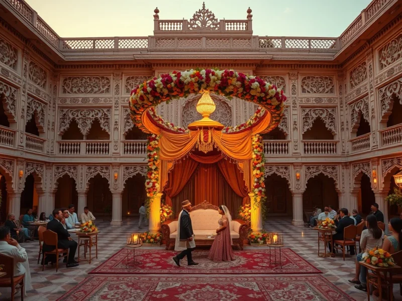 Heritage wedding in an ornate palace courtyard at Taj Usha Kiran Palace Gwalior at golden hour