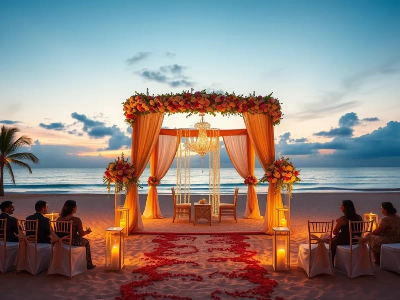 Indian beach wedding at a Phuket resort in Thailand with floral mandap at sunset