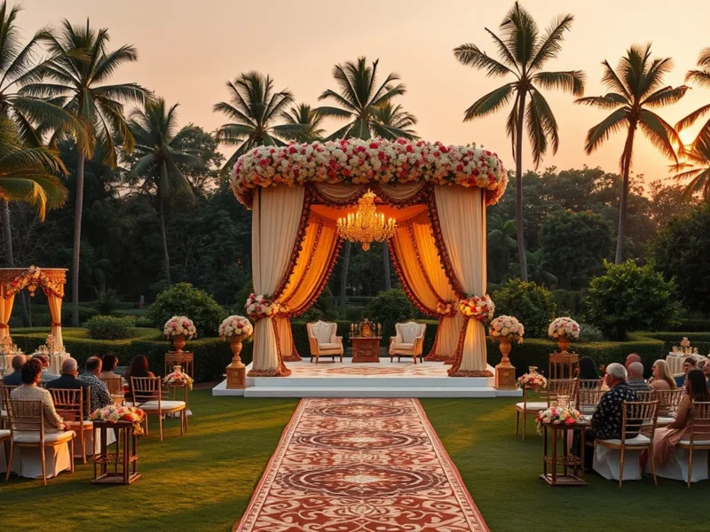 Garden Indian wedding on the lawns at The Leela Mumbai at golden hour