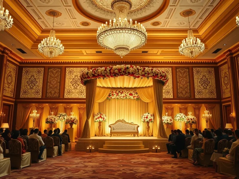 The Leela Palace New Delhi grand ballroom wedding mandap at golden hour