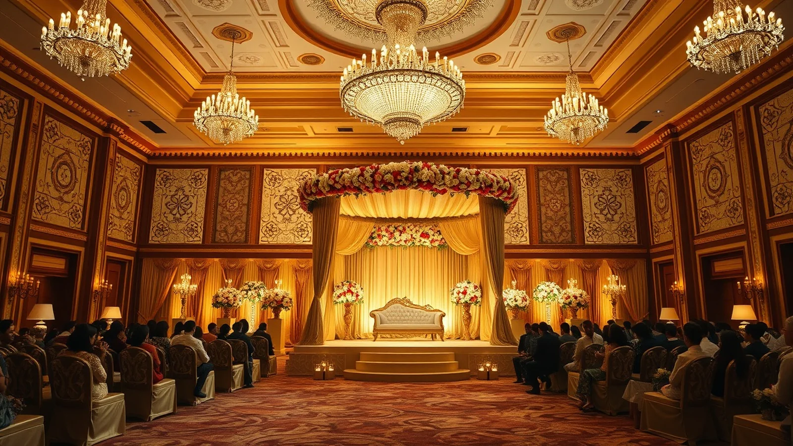 The Leela Palace New Delhi grand ballroom wedding mandap at golden hour
