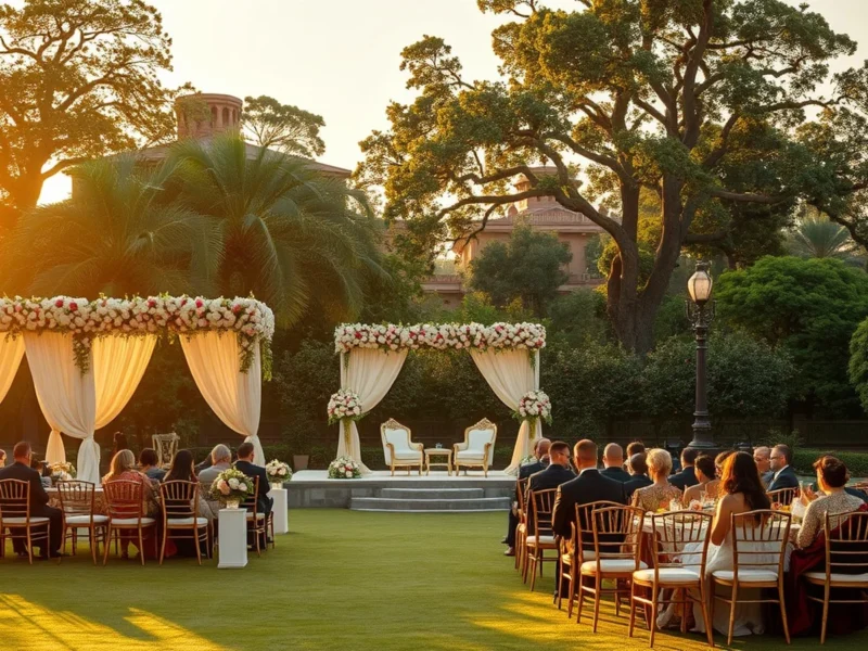 Stylish Indian wedding on the garden lawn at The Lodhi New Delhi at golden hour