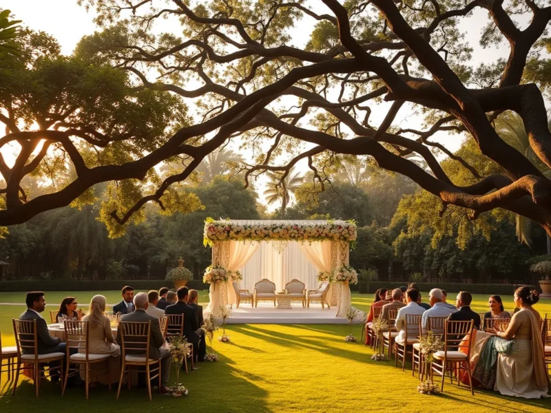 Garden-lawn Indian wedding under rain trees at The Oberoi Bengaluru at golden hour