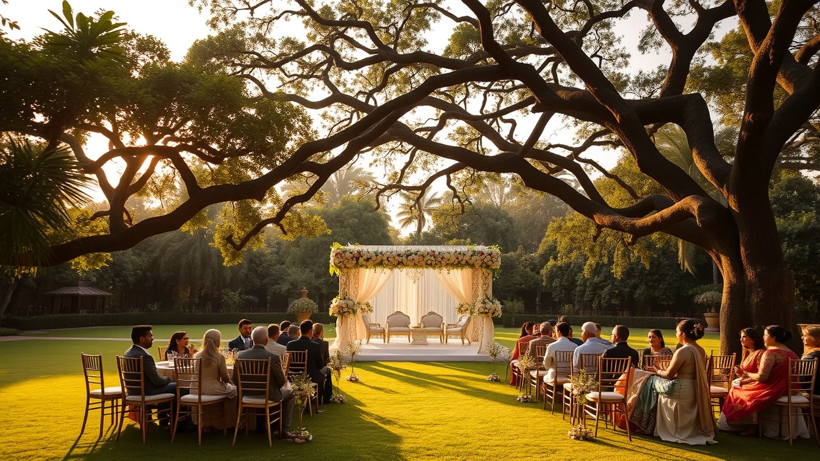 Garden-lawn Indian wedding under rain trees at The Oberoi Bengaluru at golden hour