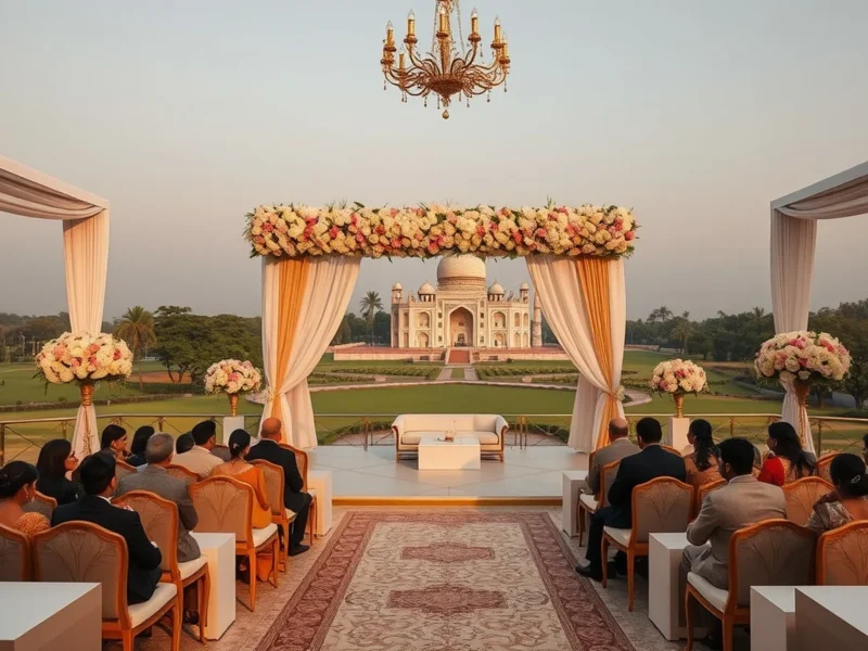 Refined Indian wedding at The Oberoi New Delhi overlooking the golf course at golden hour