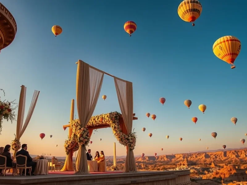 Indian wedding in Cappadocia Turkey with hot air balloons and floral mandap at sunrise