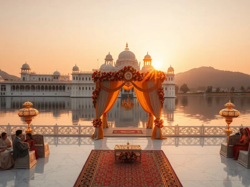 Lake palace wedding in Udaipur on Lake Pichola with floral mandap at golden hour