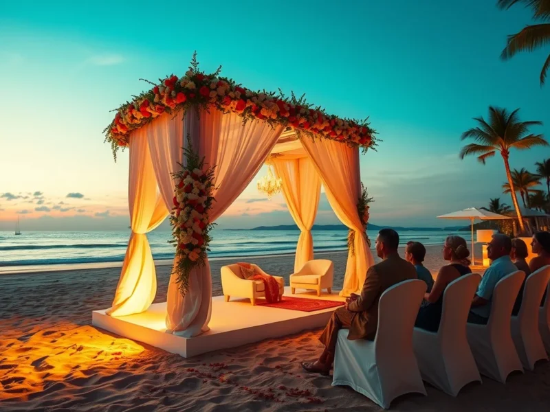 Modern Indian beach wedding at a Da Nang resort in Vietnam at sunset