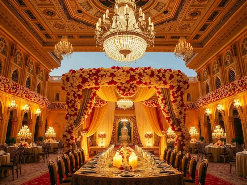A grand opulent Indian palace wedding with a lavish floral mandap under sparkling chandeliers