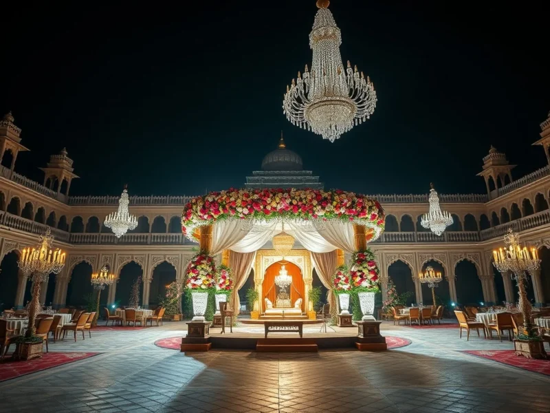 An ultra luxury Indian palace wedding at night with a grand floral mandap and sweeping chandeliers