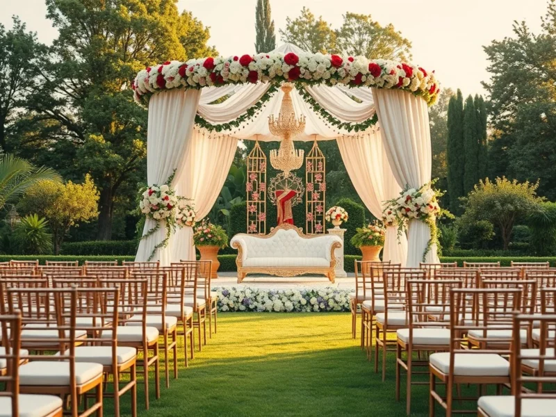 A tastefully decorated Indian wedding mandap in a garden banquet setting with restrained elegant floral decor