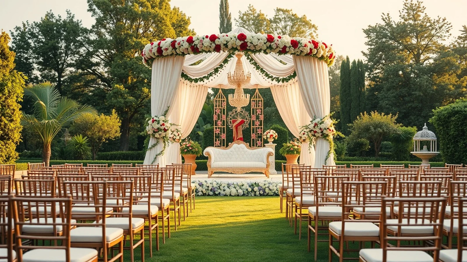 A tastefully decorated Indian wedding mandap in a garden banquet setting with restrained elegant floral decor