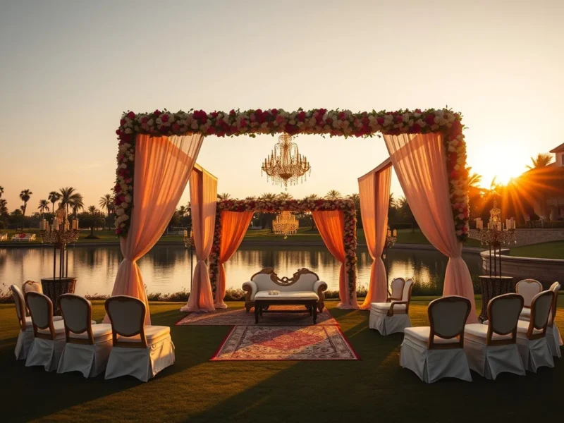A premium Indian destination wedding with a floral mandap on a lakeside resort lawn at golden hour
