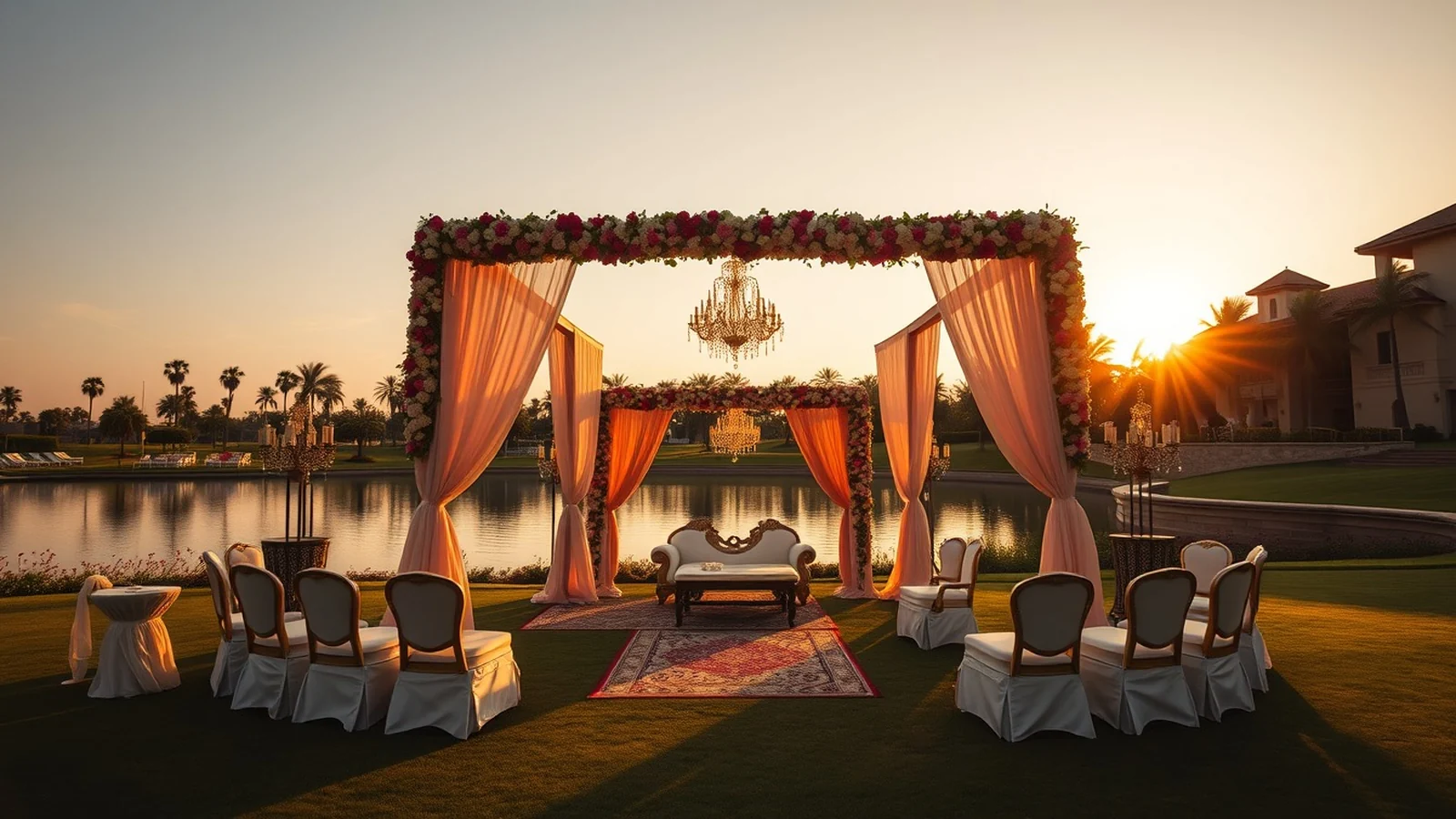 A premium Indian destination wedding with a floral mandap on a lakeside resort lawn at golden hour