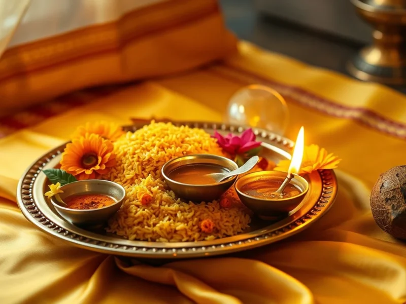 An auspicious Indian ceremonial brass thali with turmeric rice, flowers and a lit diya