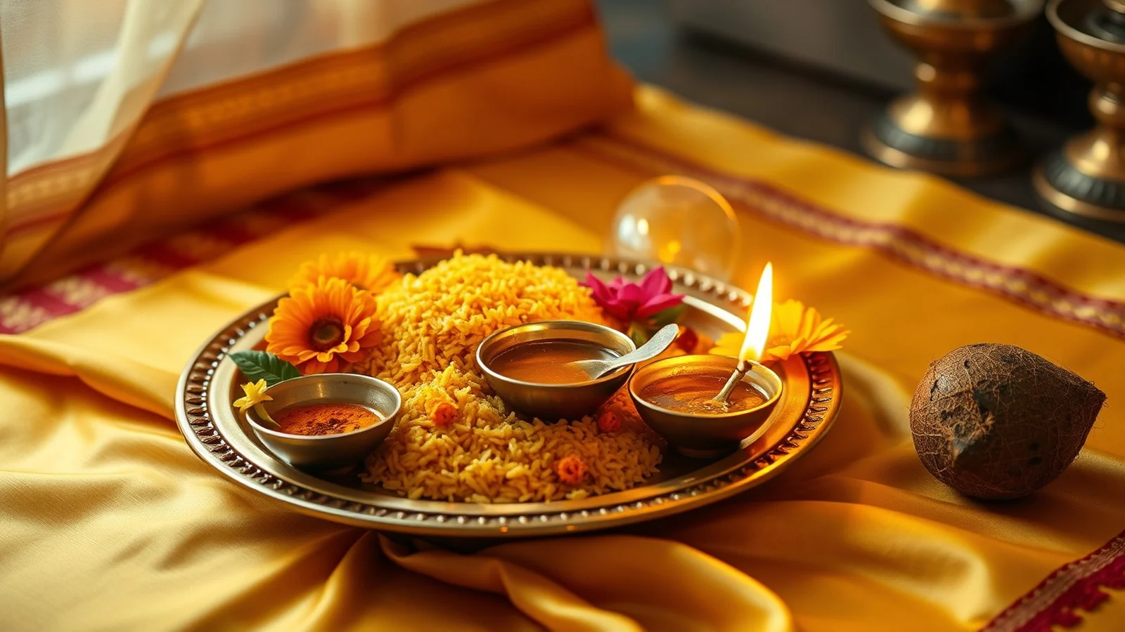 An auspicious Indian ceremonial brass thali with turmeric rice, flowers and a lit diya