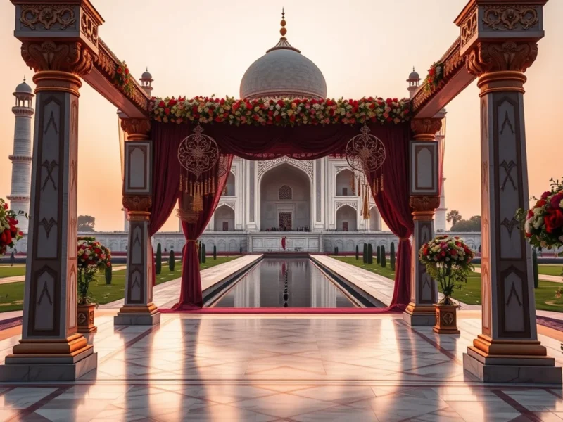 Mughal-themed Indian wedding mandap in Agra with the Taj Mahal in the background at golden hour