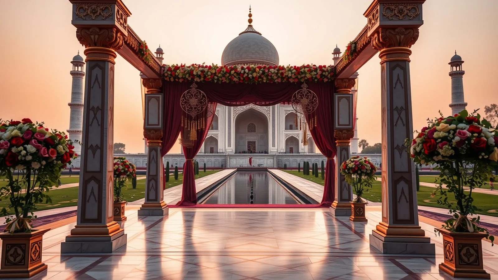 Mughal-themed Indian wedding mandap in Agra with the Taj Mahal in the background at golden hour