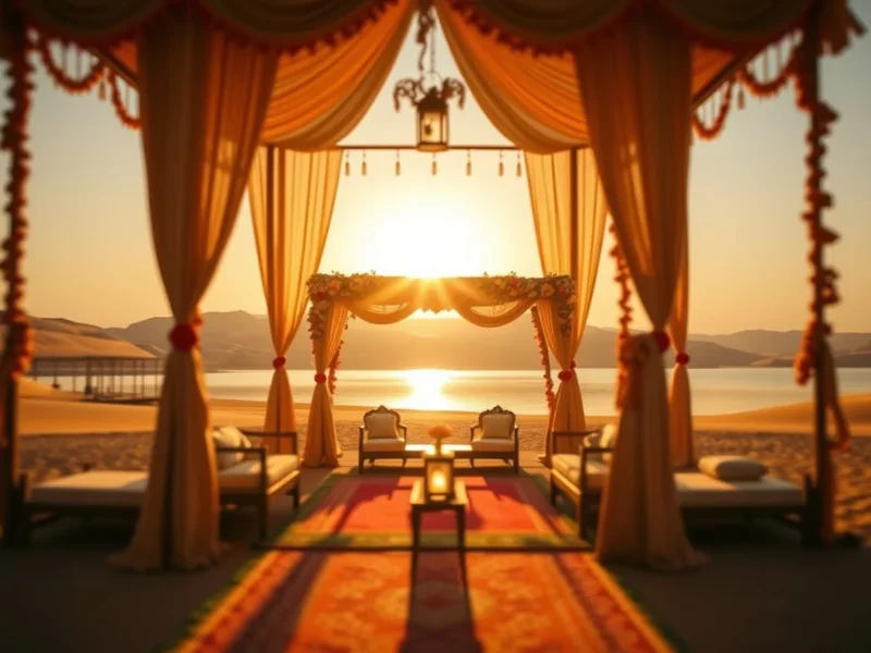 A luxury Pushkar lakeside desert-camp wedding pavilion near Ajmer at golden hour
