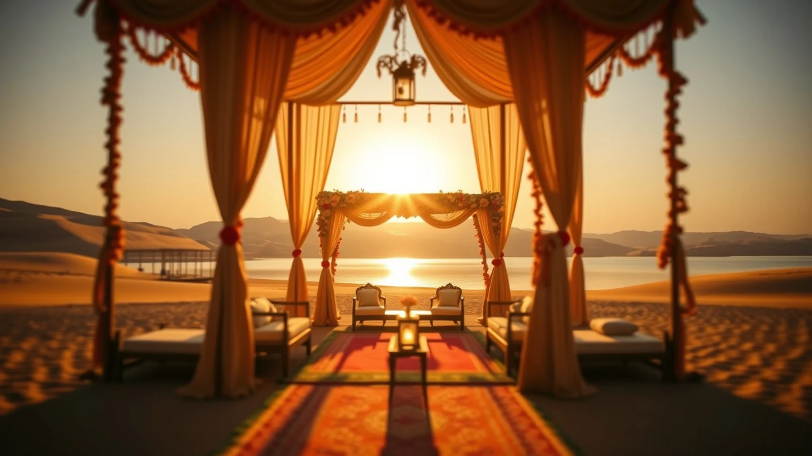 A luxury Pushkar lakeside desert-camp wedding pavilion near Ajmer at golden hour