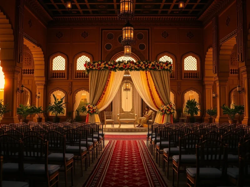 A grand Rajasthan heritage-fort wedding mandap near Alwar at golden hour