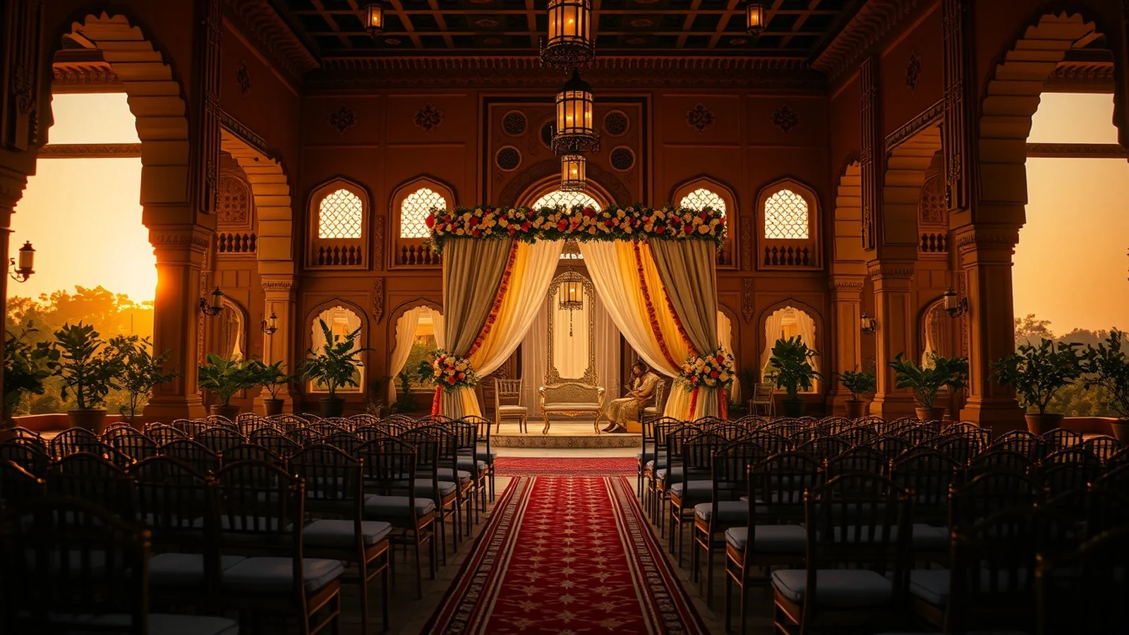 A grand Rajasthan heritage-fort wedding mandap near Alwar at golden hour